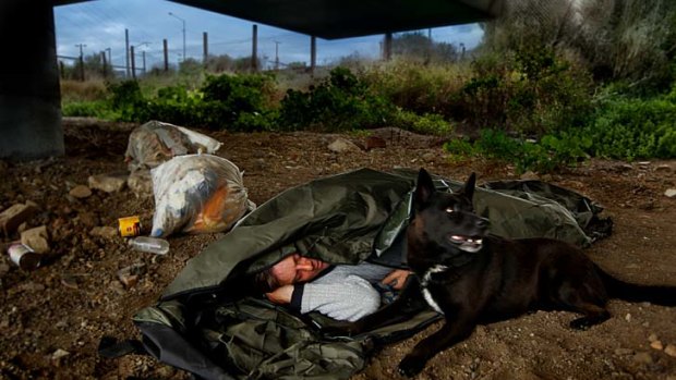 Simon, with his dog Bull, was sleeping rough under this City Link bridge when he was offered the backpack bed that he used for nine months.