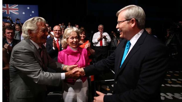 Prime Minister Kevin Rudd with Bob Hawke at the ALP campaign launch in Brisbane on Sunday.