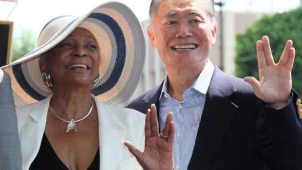 Nichelle Nichols and George Takei attend Walter Koenig being honored with a star on the Hollywood Walk of Fame in 2012.