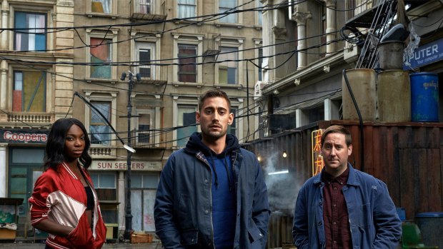 Lilyhot (Michaela Coel), Lewis (Michael Socha) and Dominic (Jim Howick) The Aliens, ABC2.