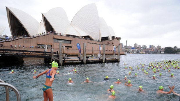 Young competitors take part in the Great Sydney Swim at in front of the Opera House as part of Australia Day celebrations in Sydney.