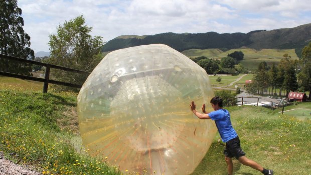 Pushing a friend up a hill in a Zorb ball in New Zealand. 