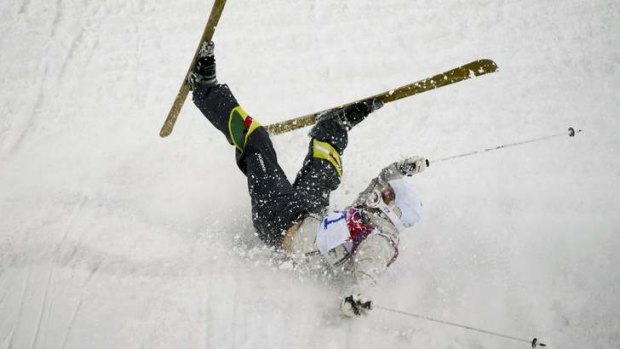 'My body wasn't there' ... Australia's Dale Begg-Smith crashes during the men's freestyle skiing moguls qualification round at the 2014 Sochi Winter Olympic Games in Rosa Khutor.