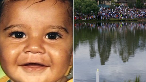 (Left) Dean Shillingworth and (right) a cross opposite the crowd gathered at the pond in Ambervale where the memorial service was conducted for him.