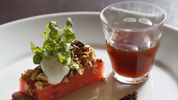 Breakfast degustation ... Le Monde's granola, watermelon and black olive served with Clover Ethiopian Sidamo coffee.