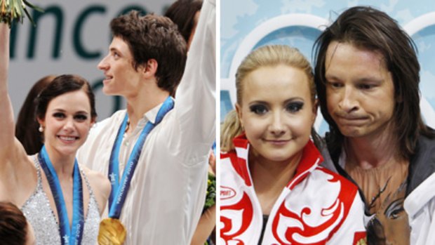 Gold medallists, Tessa Virtue and Scott Moir of Canada, on the podium, while Russian favourites Oksana Domnina and Maxim Shabalin ponder their bronze.