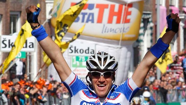 Profound loss ... Wouter Weylandt celebrates his 2010 stage win in the Giro d'Italia.