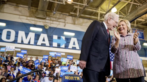 Warren Buffett with Democratic presidential candidate Hillary Clinton in Omaha..