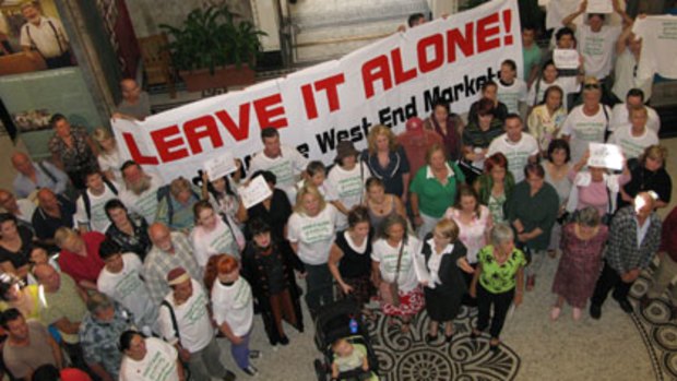 West End's Green Flea Market supporters take their protest to Brisbane City Hall.