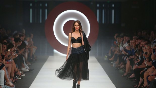 Nicole Trunfio showcases designs by Jean Paul Gaultier x Target during Melbourne Fashion Festival on March 9.