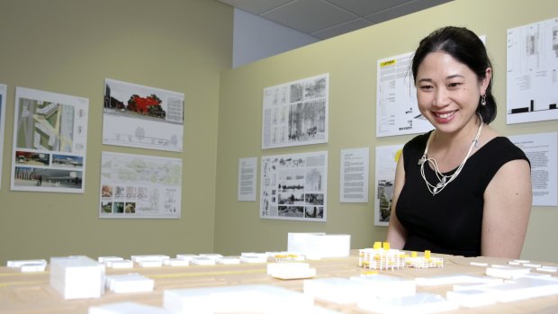 Gallery of Australian Design director Adelin Chin looking over a design for light rail on Northbourne Avenue.