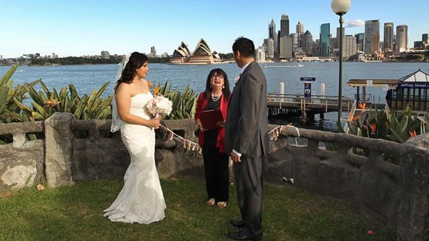 Unfair system: Wedding celebrant Nitza Lowenstein performs the marriage ceremony of Stefania Stefanuto and Stanley Hwang.