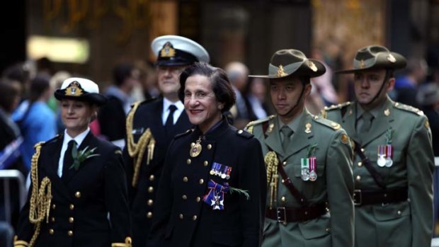 Tackling the staggeringly high rate of incarceration of young indigenous people ... NSW Governor Marie Bashir, centre, shown here taking part in this year's Anzac Day march.