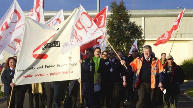 Port Phillip Prison workers striking outside the Laverton prison.