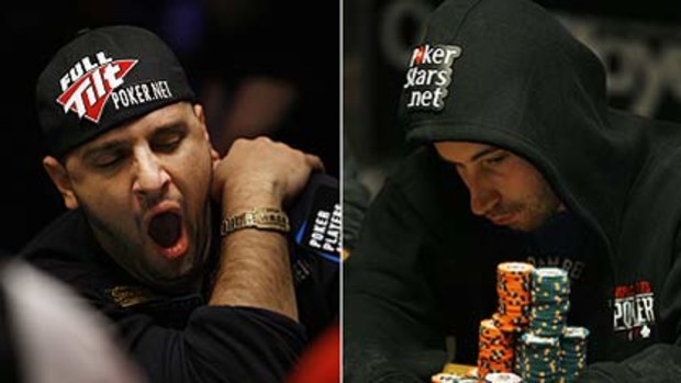 18 hours of play takes its toll ...  Seventh placed Michael Mizrachi of Miami and tournament leader Jonathan Duhamel of Quebec.