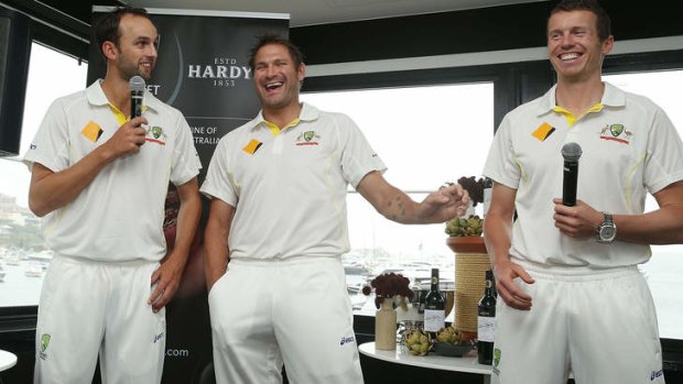 Endorsement: Ryan Harris (centre, at an event to announce a three-year sponsorship deal between Cricket Australia and Hardys wine yesterday) says George Bailey has all the attributes to excel at Test level.