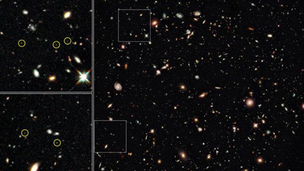 The faintest and reddest objects, left inset, are galaxies that correspond to lookback times of approximately 12.9 billion years to 13.1 billion years.