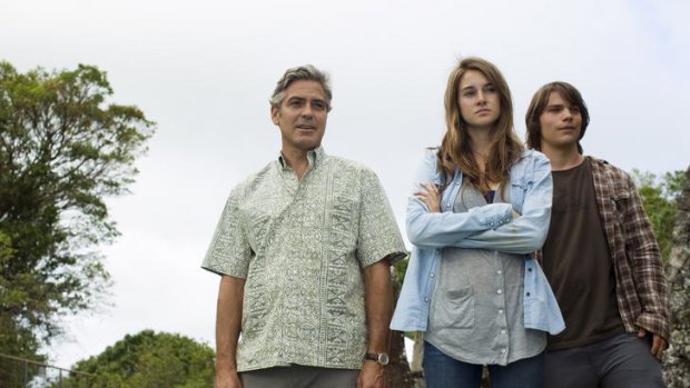 George Clooney, Shailene Woodley and Nick Krause in <i>The Descendants</i>.