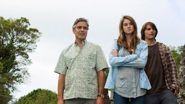 George Clooney, Shailene Woodley and Nick Krause in <i>The Descendants</i>.