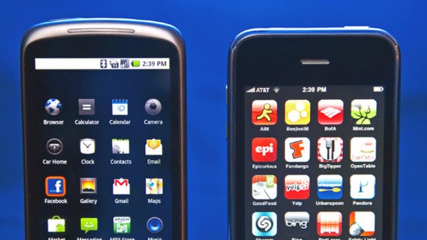 The Google Nexus One and Apple iPhone sit side-by-side.