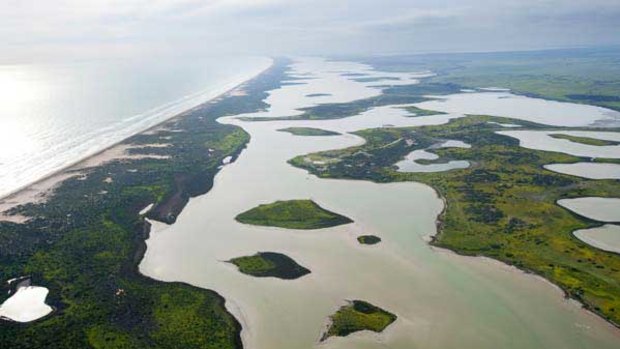 An aerial view of the Choke (north and south lagoon) of the Coorong.