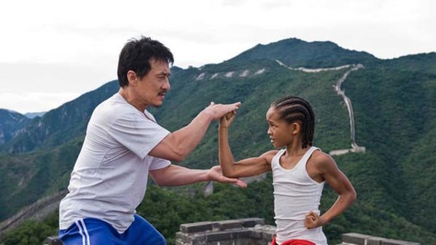 The remake ... Jackie Chan, as Mr Han, puts Jaden Smith’s character, Dre Parker, through his paces.