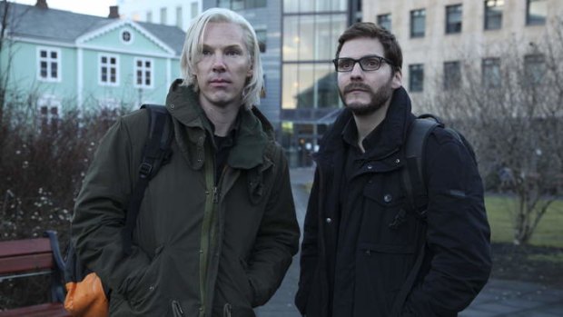 Benedict Cumberbatch as Julian Assange and Daniel Bruhl as Daniel Domscheit-Berg in the movie <i>The Fifth Estate.</I>