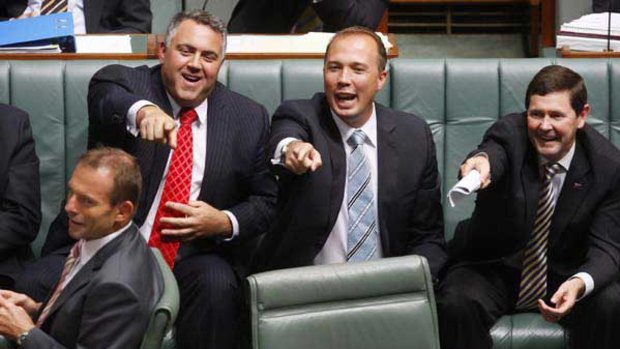 Argy-bargy time: from left, Opposition Leader Tony Abbott with Joe Hockey, Peter Dutton and Kevin Andrews during question time on February 25. <i>Picture: Glen McCurtayne</i>