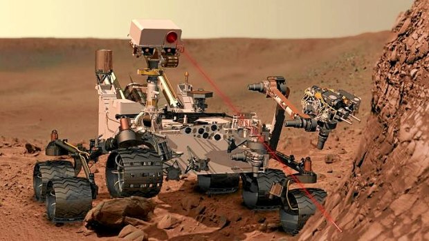 This artist's concept depicts the rover Curiosity, of NASA's Mars Science Laboratory mission, as it uses its Chemistry and Camera (ChemCam) instrument to investigate the composition of a rock surface.