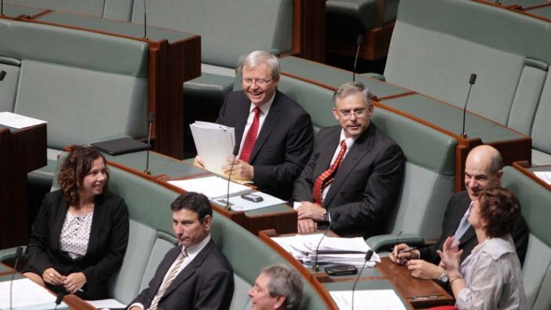 Kevin Rudd sits on the backbench after losing the leadership ballot today.
