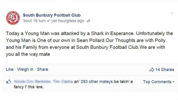 Sean Pollard's mates at South Bunbury Football Club posted this tribute to him on Thursday.