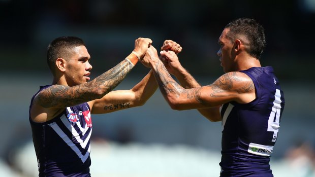 Harley Bennell (right) had no chance yet to share the field with mate Michael Walters in the 2016 AFL season.