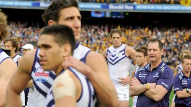 We will be back: Fremantle's coach Ross Lyon with the team after the loss.