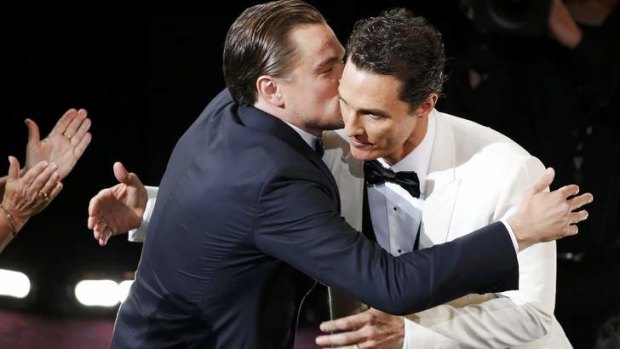 Best actor nominee Leonardo DiCaprio congratulates Matthew McConaughey, who won best actor Oscar for his role in <i>Dallas Buyers Club</i>.