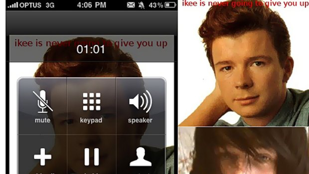 The infected iPhone screen, Rick Astley virus wallpaper image (top right), and Ashley Towns (bottom right).