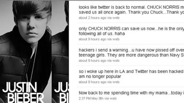 Justin Bieber's Twitter page in the wake of the security glitch that affected the microblogging platform.