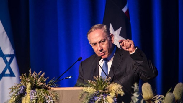 Israeli Prime Minister Benjamin Netanyahu at the International Convention Centre in Sydney on Wednesday. 