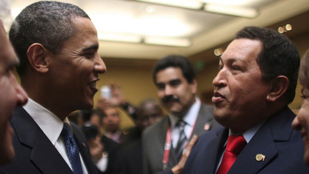 US president Barack Obama greets his Venezuelan counterpart Hugo Chavez before the opening ceremony of the 5th Summit of the Americas in Port of Spain in this April 17, 2009.