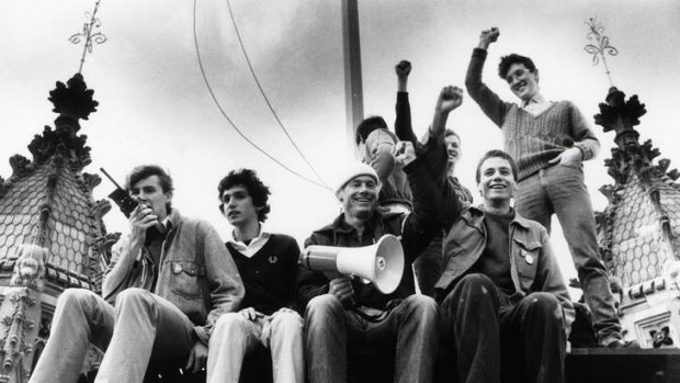 Then: Anthony Albanese on the far left, protesting at Sydney University about changes to the political economics course, 1983.