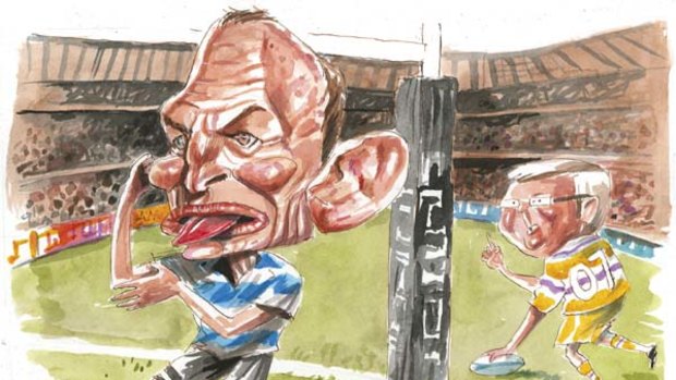 100319 SMH NEWS ILLUSTRATION BY ROCCO TONY ABBOTT AND KEVIN RUDD PLAYING FOOTBALL RUGBY LEAGUE