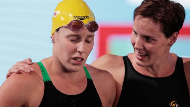 Emotional: Bronte Campbell consoles teammate Alicia Coutts.