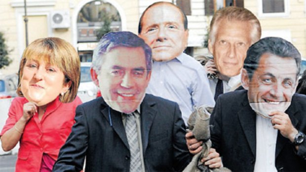 Masked villains (left to right): Jacqui Smith, Gordon Brown, Silvio Berlusconi, Dominique de Villepin and Nicolas Sarkozy. <br><em>Artwork: Mick Connolly</em>