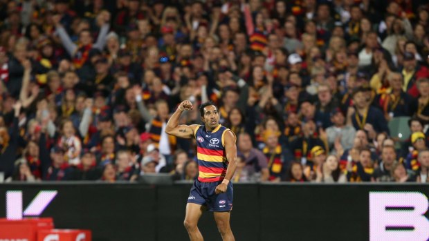 Eddie Betts of the Crows celebrates a goal against the Swans.
