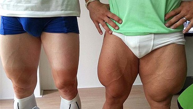 The "Thigh Off": Andre Greipel's thighs (left) look almost normal compared to those of fellow cyclist Robert Forstermann.