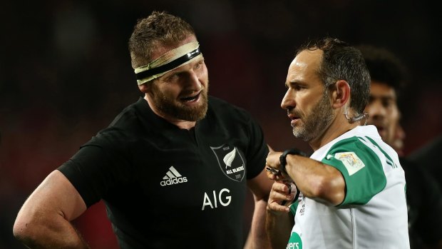 Changes: All Blacks captain Kieran Read speaks with Referee Romain Poite after a disallowed penalty against the Lions.