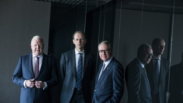 (Left to right) Former ANZ chief executive Mike Smith with his successor Shayne Elliott and chairman David Gonski. 