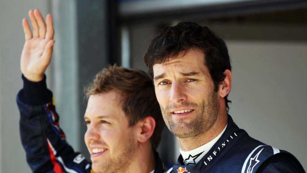 Pole sitter Sebastian Vettel celebrates  with second placed Red Bull teammate Mark Webber.