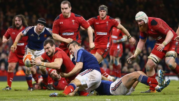 Sam Warburton of Wales scores a try in Wales' win over France.