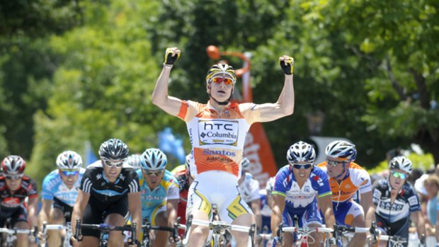 Andre Greipel from HTC Columbia wins in a sprint finish.