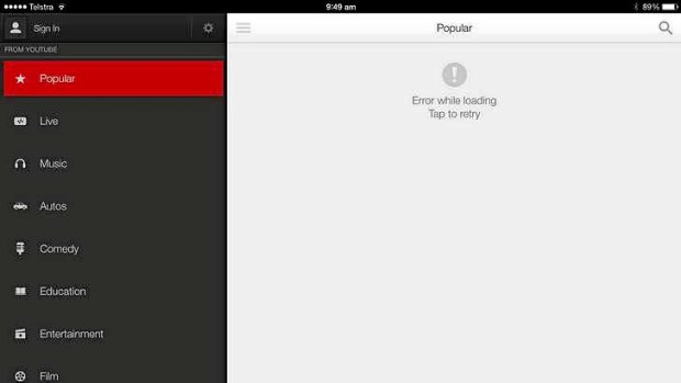 YouTube iPad app error page.